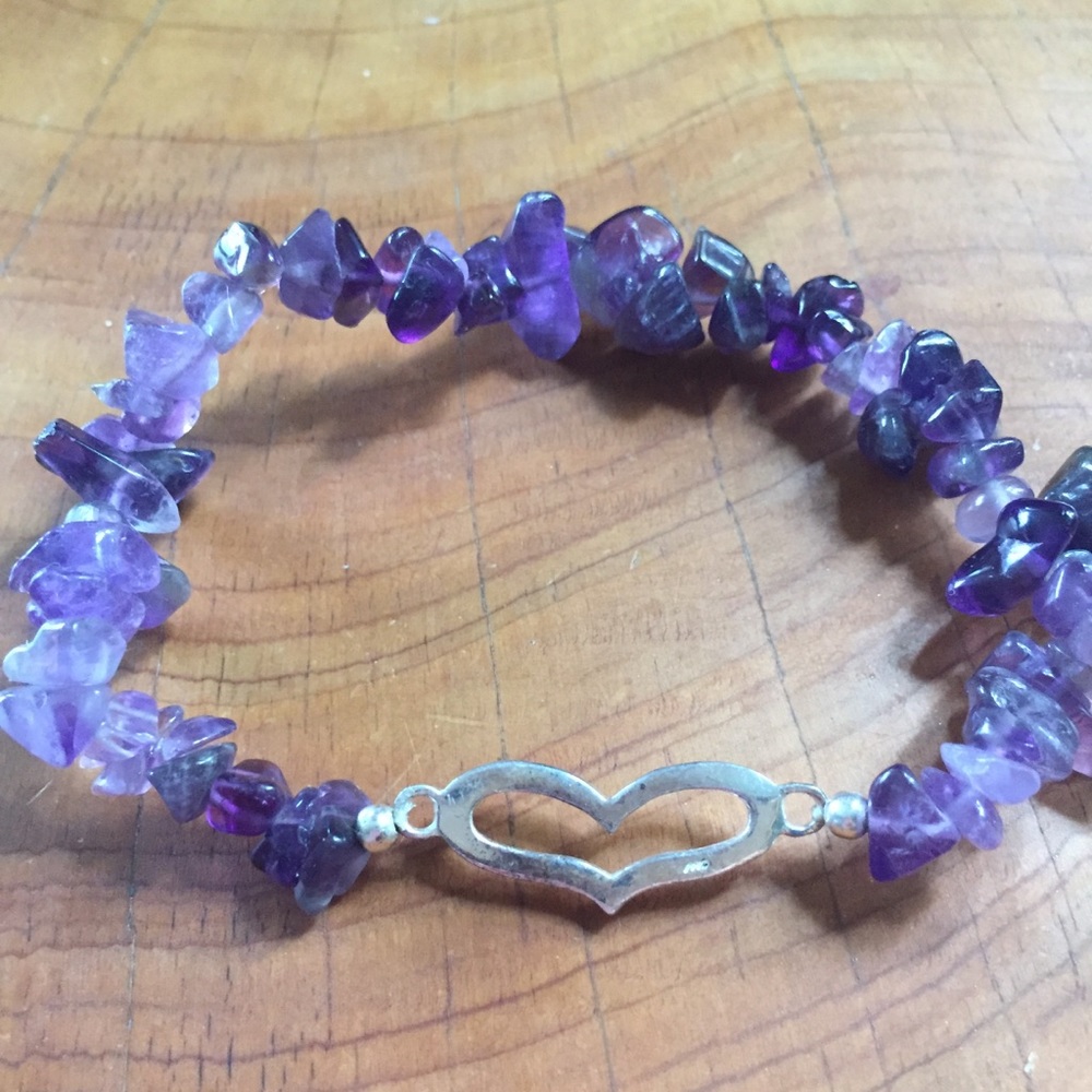 Amethyst stretch bracelet sterling silver heart